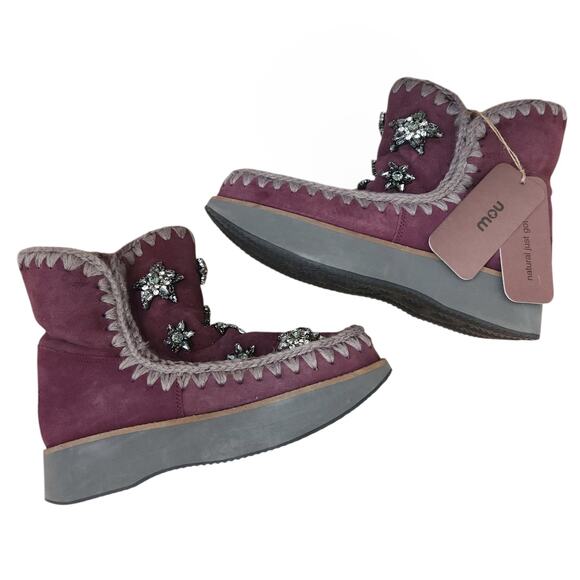 MOU Eskimo 18 Crystal 3D Stars flat sheepskin shearling comfy boots burgundy 40 - Picture 7 of 7